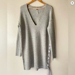 Free People Light Gray V-Neck Sweater with Side Lace-Up
